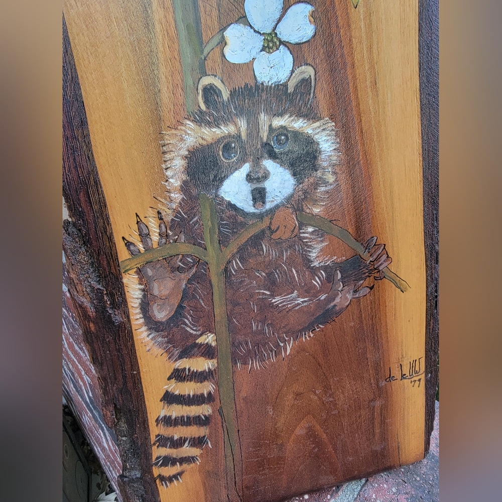Hand painted hand crafted vintage 70s wood raccoon painting rustic